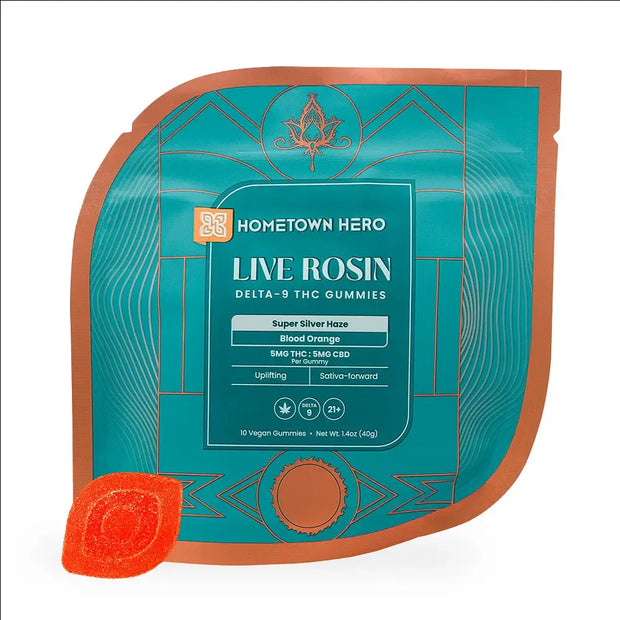 HOMETOWN HERO; BLOOD ORANGE DELTA-9 THC LIVE ROSIN GUMMIES - 5MG THC + 5MG CBD