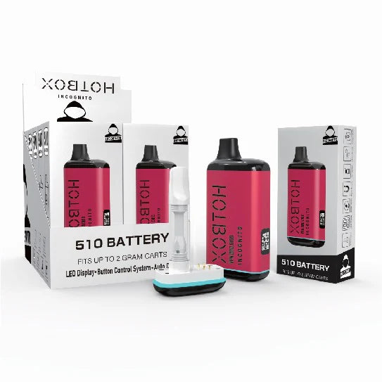hotboxin disposable vape Incognito HotBox 510 Cartridge Battery | LED Display COLORS:PALE GOLD + WALNUT Blue Razz Ice – pre-filled pod