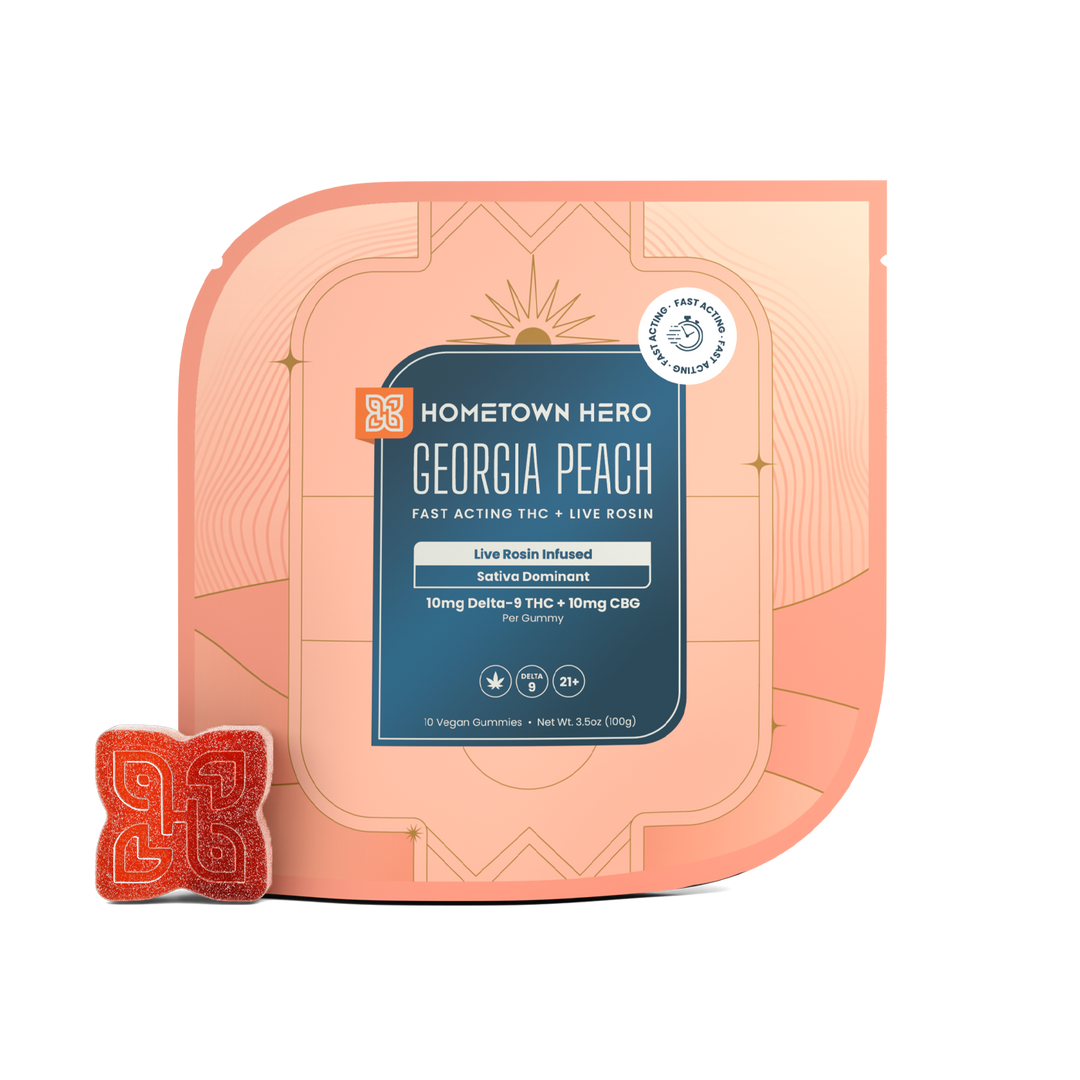 HOMETOWN HERO: GEORGIA PEACH FAST ACTING LIVE ROSIN THC + CBG GUMMIES –  DR.SMOKE