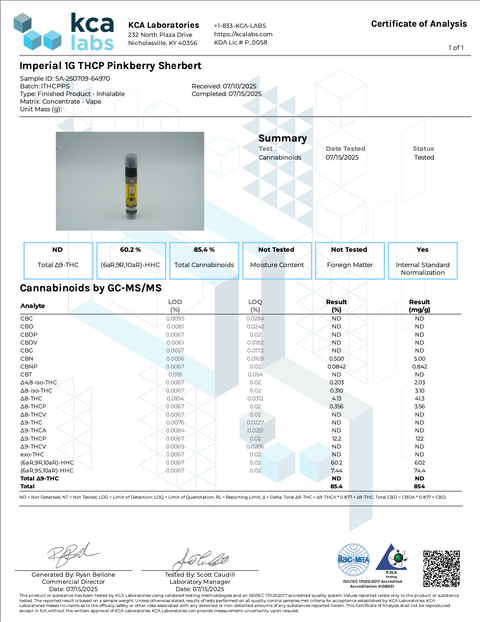 IMPERIAL: THC-P LIVE RESIN CARTRIDGE - 1G