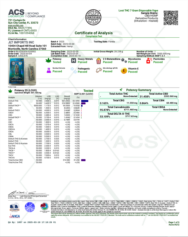 LOST THC: CB9A X THCP LIQUID DIAMOND DISPOSABLE - 7G