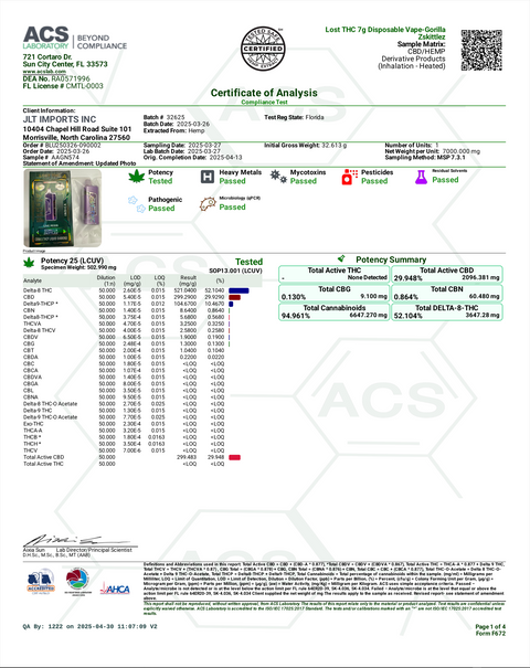 LOST THC: CB9A X THCP LIQUID DIAMOND DISPOSABLE - 7G
