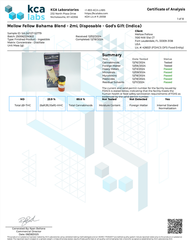 MELLOW FELLOW: BAHAMA LIVE RESIN BLEND DISPOSABLE - 2ML