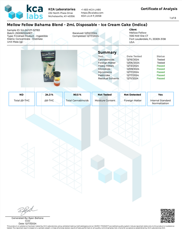 MELLOW FELLOW: BAHAMA LIVE RESIN BLEND DISPOSABLE - 2ML