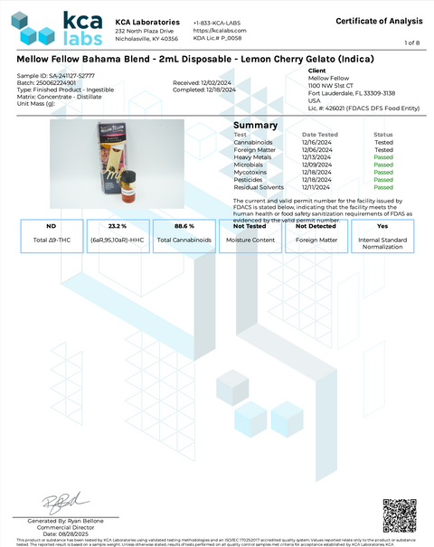 MELLOW FELLOW: BAHAMA LIVE RESIN BLEND DISPOSABLE - 2ML