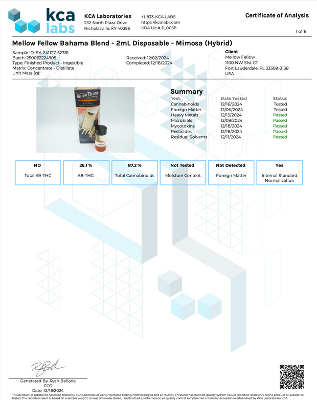MELLOW FELLOW: BAHAMA LIVE RESIN BLEND DISPOSABLE - 2ML