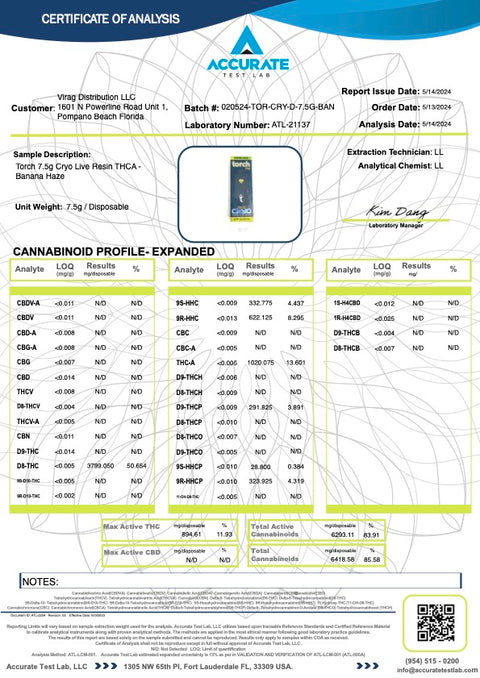 TORCH:  CRYO CURED LIVE RESIN THCA DISPOSABLE - 7.5G