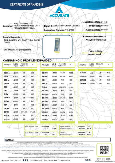 TORCH:  CRYO CURED LIVE RESIN THCA DISPOSABLE - 7.5G